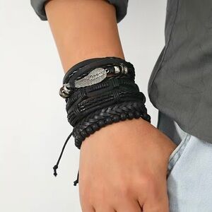 Men's Black Genuine Leather & Bead Bracelet Set